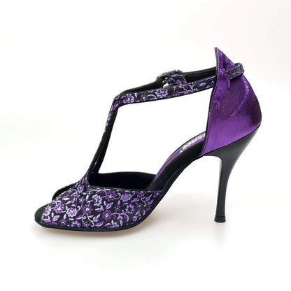 Scarpa da donna Wishdance Fascino (401) in tessuto fiorato viola con dettagli in lurex viola e tallone in lurex.