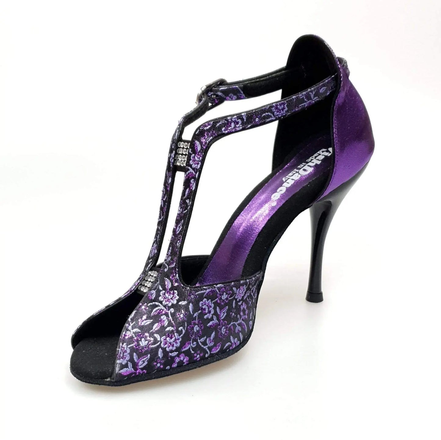 Scarpa da donna Wishdance Fascino (401) in tessuto veneziano viola con dettagli fiorati e tallone in lurex viola.