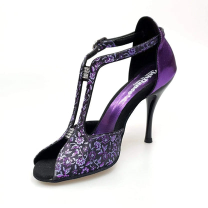 Scarpa da donna Wishdance Fascino (401) in tessuto veneziano viola con dettagli fiorati e tallone in lurex viola.