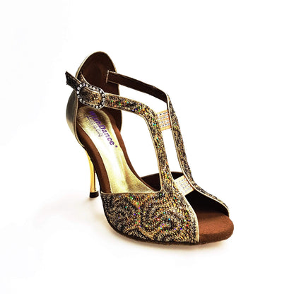 Scarpa da donna Wishdance Fascino (401) in tessuto lace e lurex oro, con dettagli eleganti e finitura lucida.
