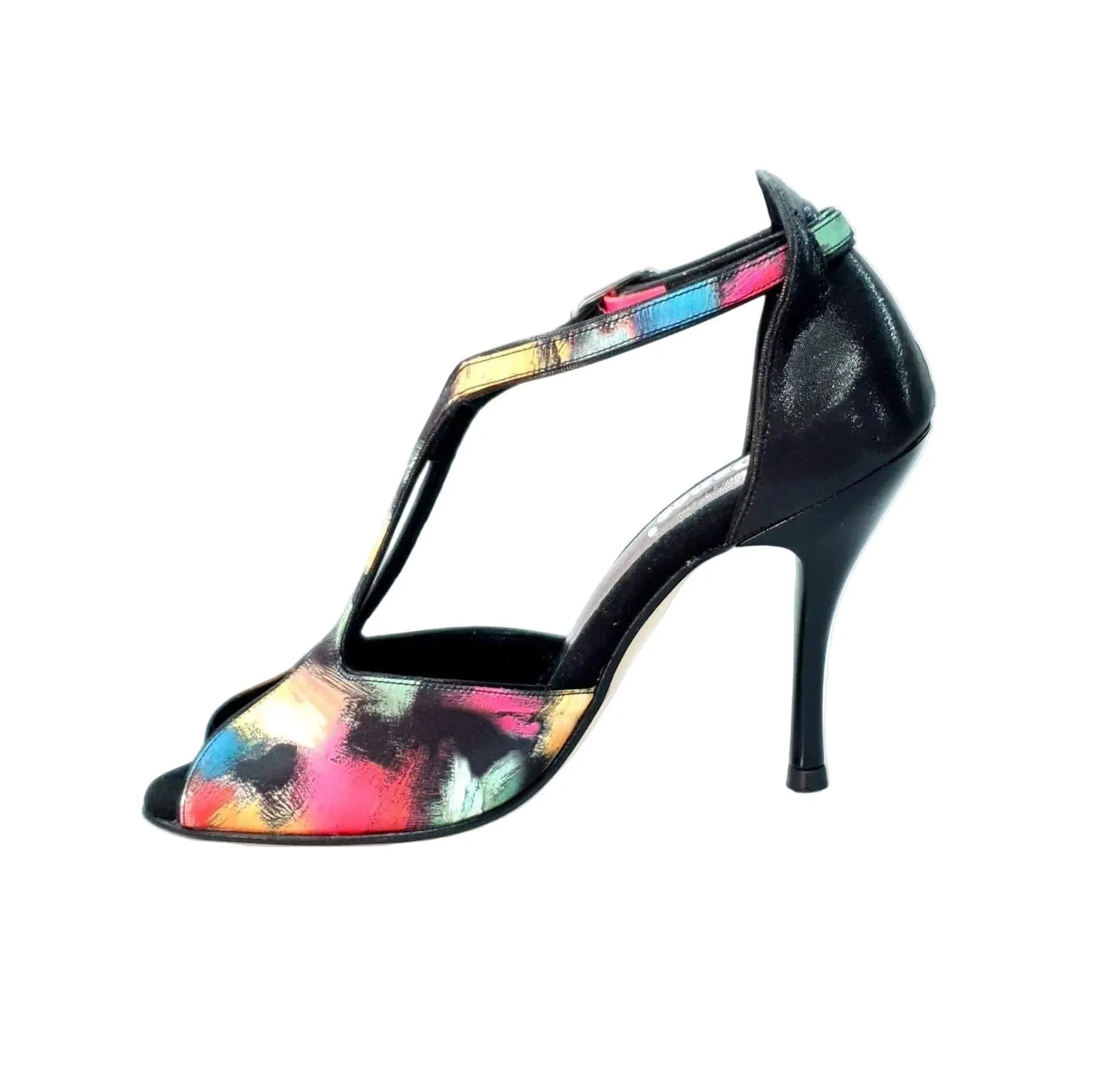 Scarpa da donna Wishdance Fascino (401) in tessuto Picasso nero con tallone lurex nero e tacco a spillo smaltato nero.