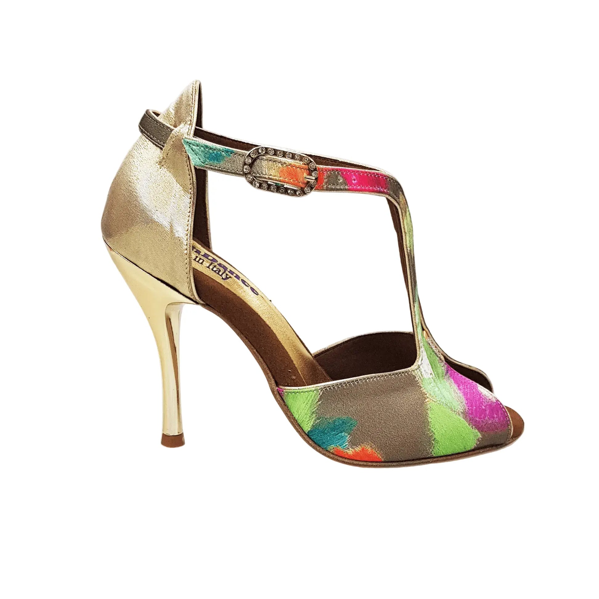 Scarpa da donna Wishdance Fascino (401) in tessuto Picasso verde con tallone in lurex oro e tacco a spillo laminato oro