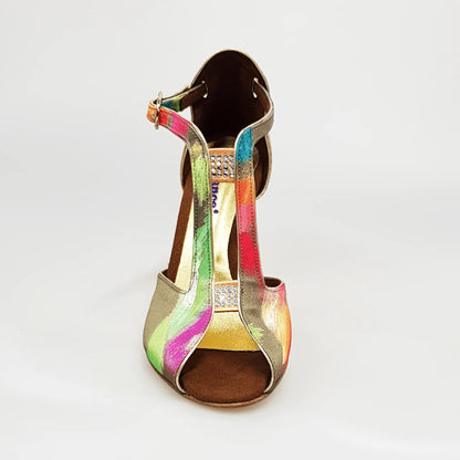 Scarpa da donna Wishdance Fascino (401) in tessuto verde Picasso con tacco a spillo laminato oro e tallone in lurex oro.