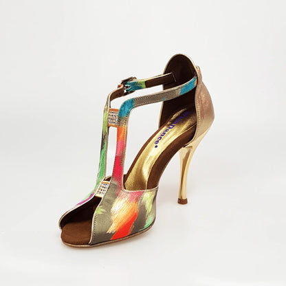 Scarpa da donna Wishdance Fascino (401) in tessuto verde con tacco a spillo laminato oro e dettaglio lurex oro.