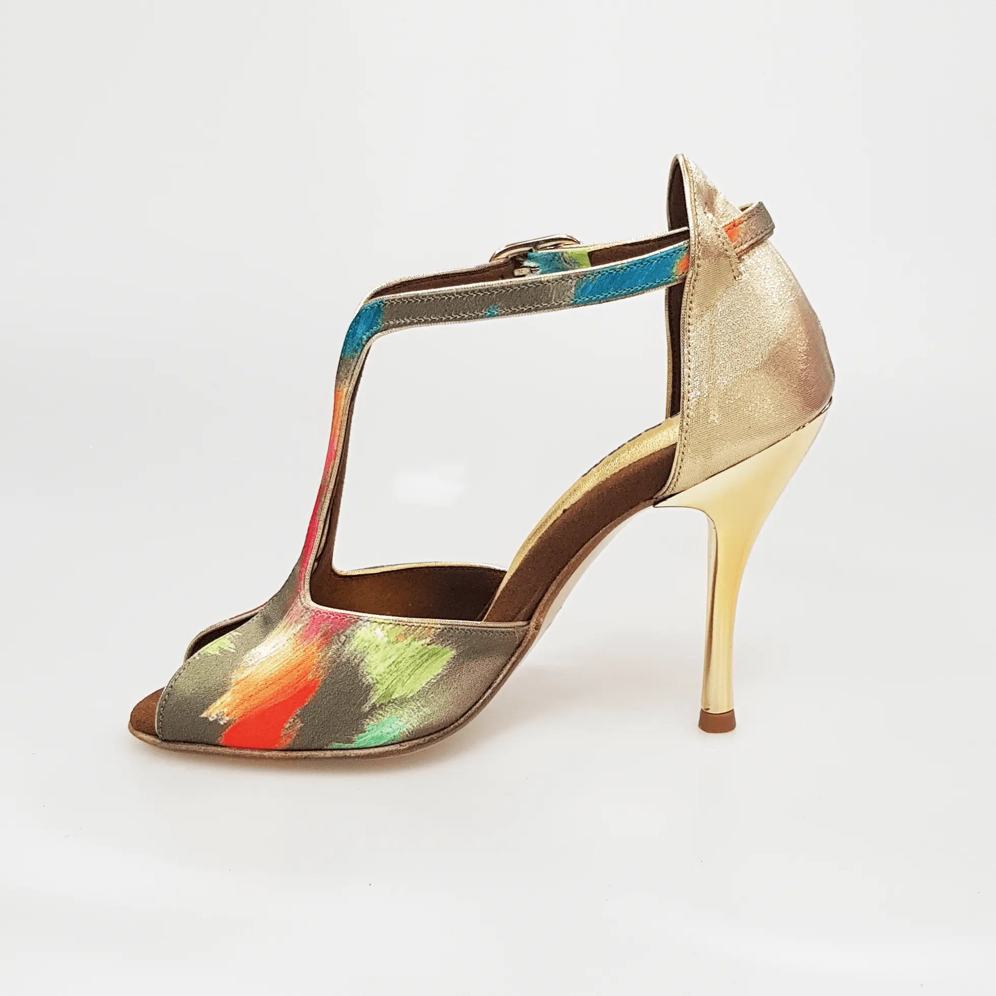 Scarpa da donna Wishdance Fascino (401) in tessuto Picasso verde con tacco a spillo laminato oro e dettaglio in lurex oro