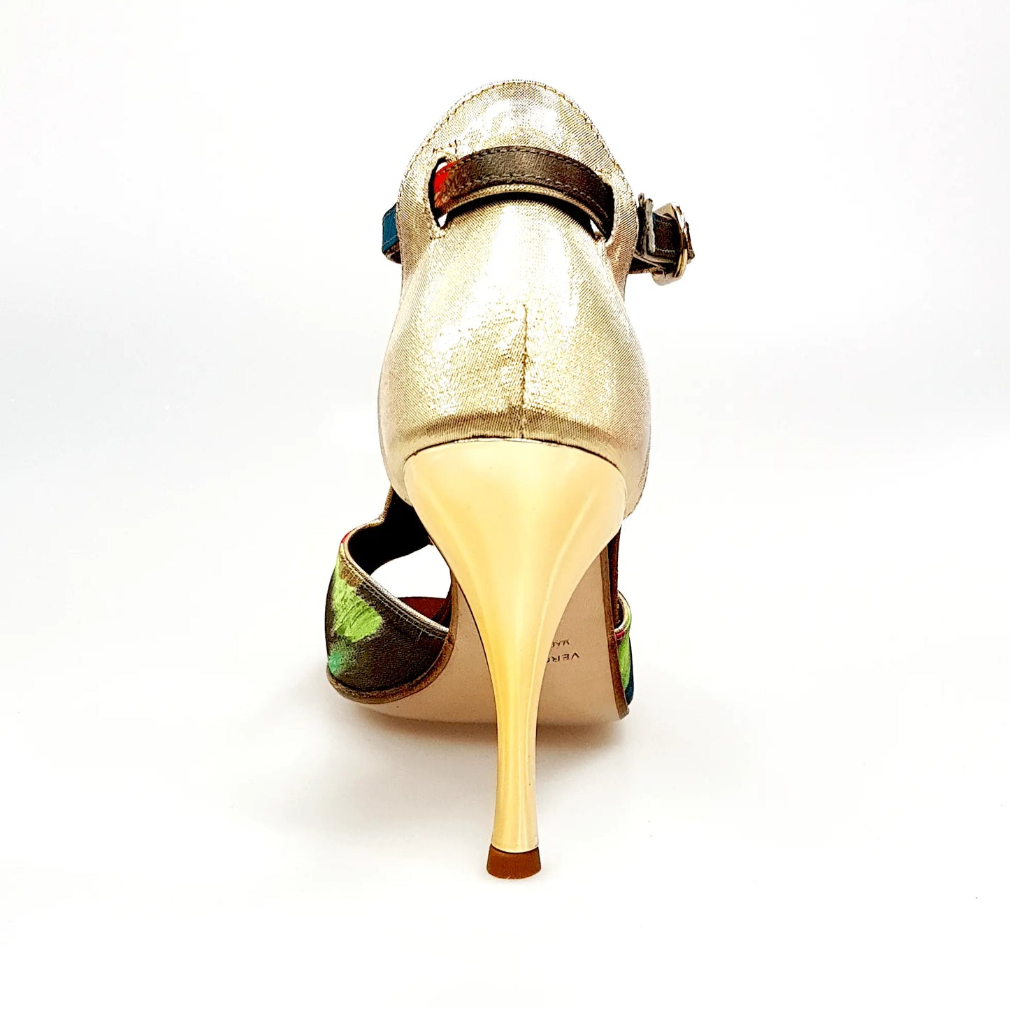 Scarpa da donna Wishdance Fascino (401) in tessuto verde con tallone in lurex oro e tacco a spillo laminato oro.
