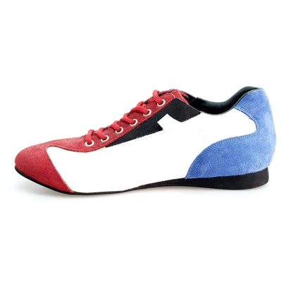 Scarpa Wishdance Ivan Camaguey sneaker bandiera cubana in camoscio rosso, blu royal e pelle bianca, stile extraconfort.