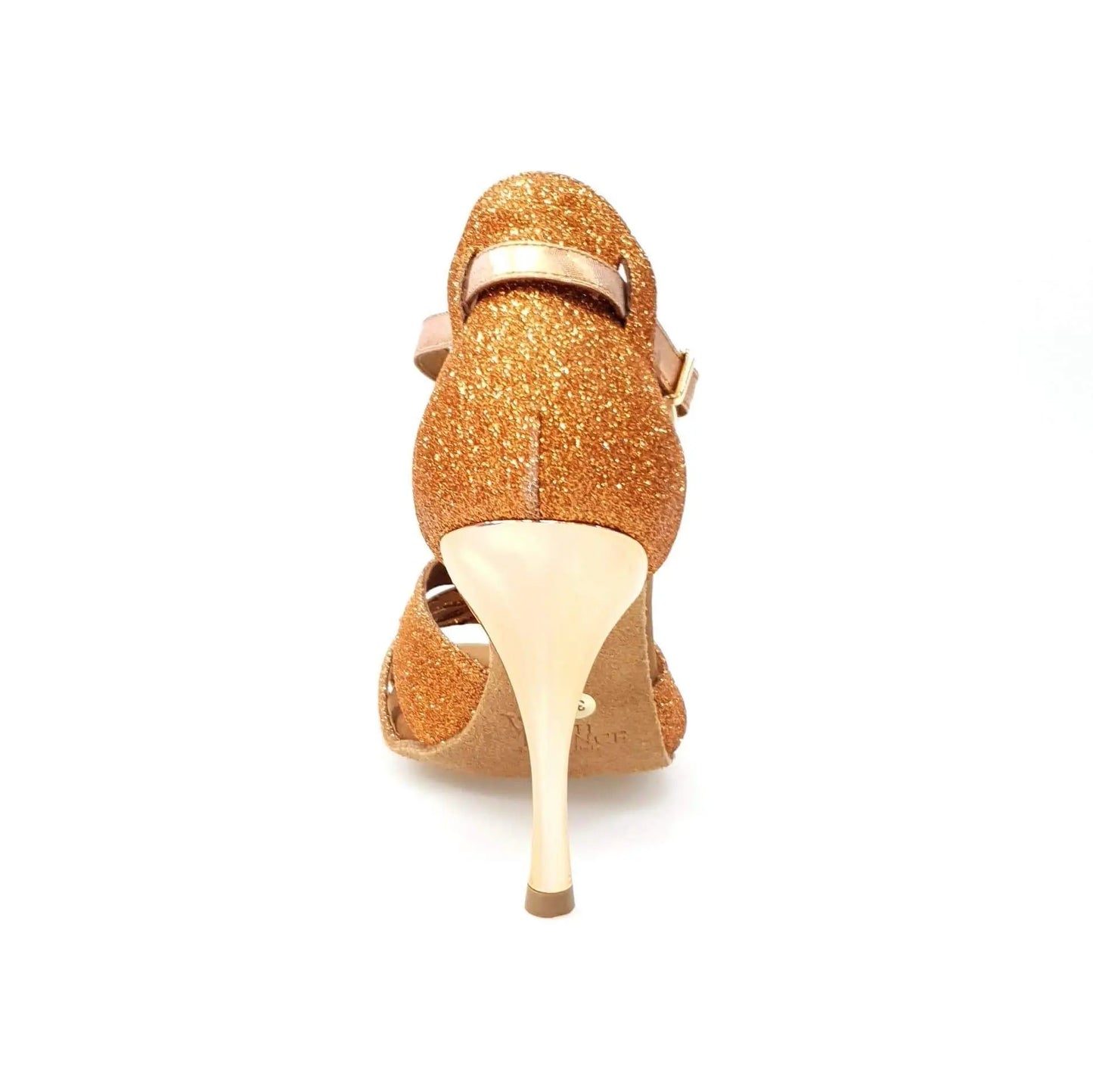 Sandalo da donna Wishdance Lidia in glitter marrone e lurex rame con tacco a spillo laminato oro ramato.