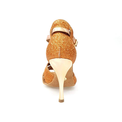 Sandalo da donna Wishdance Lidia in glitter marrone e lurex rame con tacco a spillo laminato oro ramato.