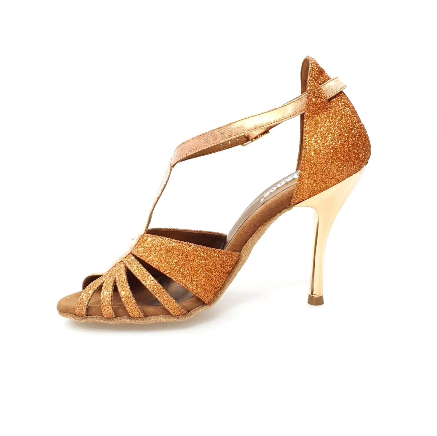 Sandalo da donna Wishdance Lidia in glitter marrone e lurex rame con tacco a spillo laminato oro ramato.