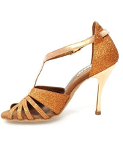 Carica immagine nella Galleria, Lidia (402 Lola) - Sandalo da Donna in Glitter Brown e Lurex Rame con Tacco a Spillo Laminato Oro Ramato
