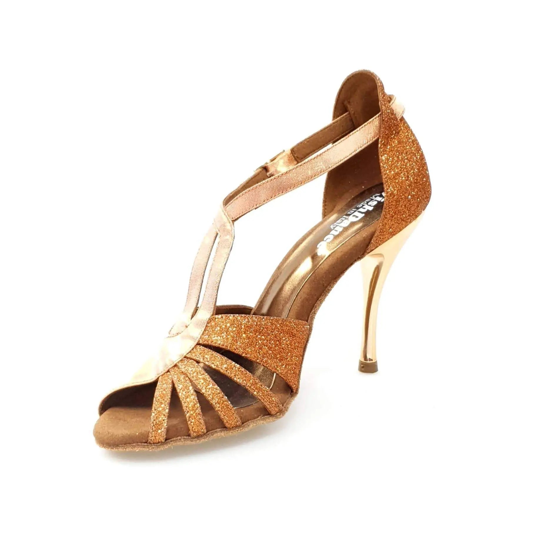 Sandalo da donna Wishdance Lidia in glitter marrone e lurex rame con tacco a spillo laminato oro ramato.
