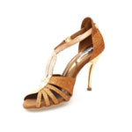 Load image into Gallery viewer, Lidia (402 Lola) - Woman&#39;s Sandal in Glitter Brown and Copper Lurex with Copper Gold Laminated Stiletto Heel
