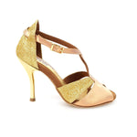 Carica immagine nella Galleria, Lidia (402 Lola) - Sandalo da Donna in Glitter Oro e Lurex Tan con Tacco a Spillo Lamina Oro
