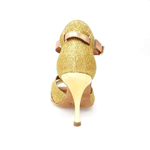 Lidia (402 Lola) - Sandalo da Donna in Glitter Oro e Lurex Tan con Tacco a Spillo Lamina Oro