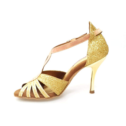 Sandalo da donna Wishdance Lidia in glitter oro e lurex tan con tacco a spillo lamina oro, elegante e brillante.