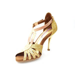 Carica immagine nella Galleria, Lidia (402 Lola) - Sandalo da Donna in Glitter Oro e Lurex Tan con Tacco a Spillo Lamina Oro
