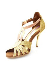 Load image into Gallery viewer, Lidia (402 Lola) - Woman&#39;s Sandal in Gold Glitter and Tan Lurex with Gold Foil Stiletto Heel
