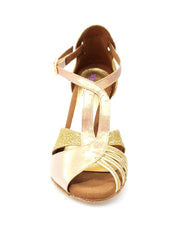 Load image into Gallery viewer, Lidia (402 Lola) - Woman&#39;s Sandal in Gold Glitter and Tan Lurex with Gold Foil Stiletto Heel
