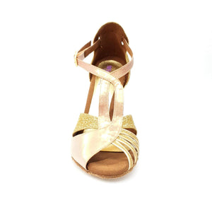 Lidia (402 Lola) - Woman's Sandal in Gold Glitter and Tan Lurex with Gold Foil Stiletto Heel