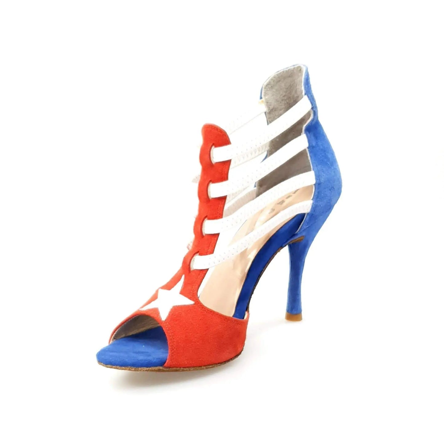 Sandalo da donna Wish Dance Lilith in camoscio rosso e blu, stile bandiera di Cuba, con suola piatta e cinturino elegante.