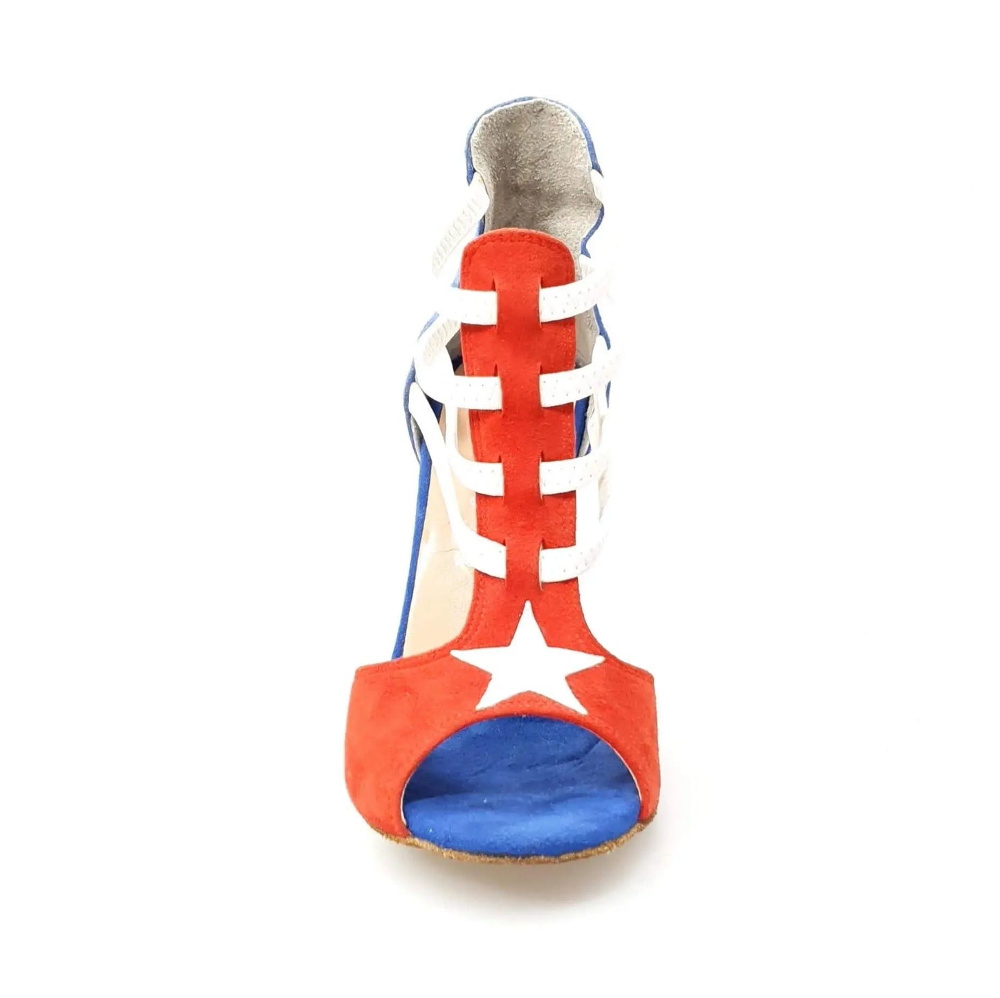 Sandalo da donna Wish Dance Lilith in camoscio rosso e blu, stile bandiera di Cuba, con cinturino e suola piatta.