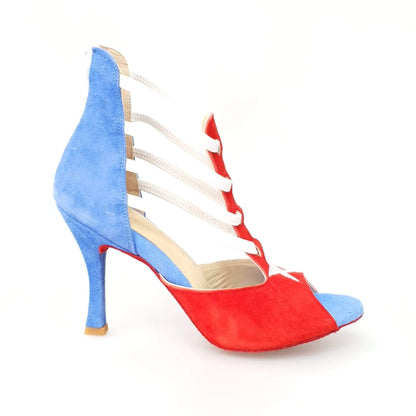 Sandalo da donna Wishdance Lilith Zip in camoscio rosso e blu con zip bianca sul tallone, stile bandiera di Cuba.