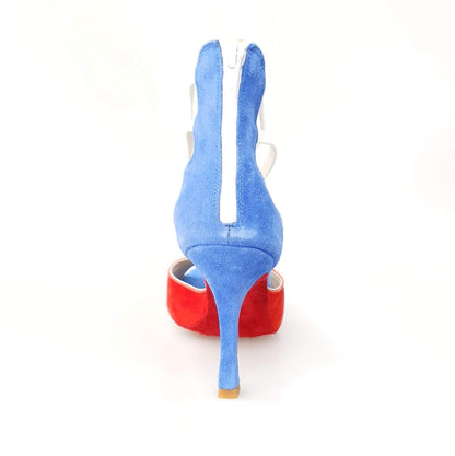 Sandalo da donna Wishdance Lilith Zip in camoscio rosso e blu con zip bianca sul tallone, stile bandiera di Cuba.