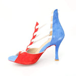 Carica immagine nella Galleria, Sandalo da donna Wishdance Lilith Zip in camoscio rosso e blu con zip bianca sul tallone, stile bandiera di Cuba.
