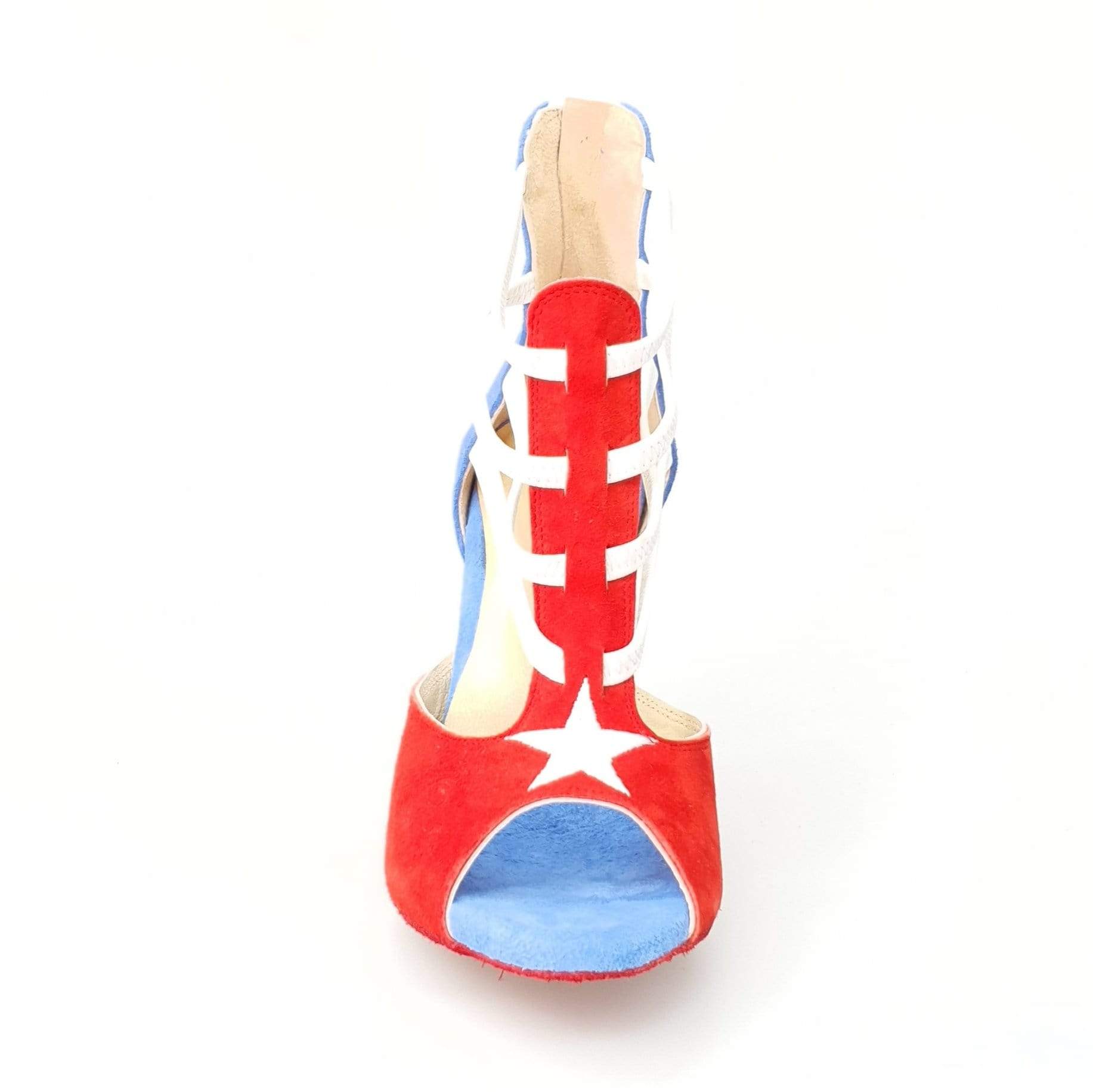 Sandalo donna Wishdance Lilith Zip in camoscio rosso e blu con zip bianca sul tallone, stile bandiera di Cuba.