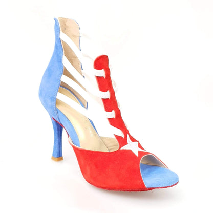 Sandalo donna Wishdance Lilith Zip in camoscio rosso e blu con zip bianca sul tallone, stile bandiera di Cuba, scarpa elegante.