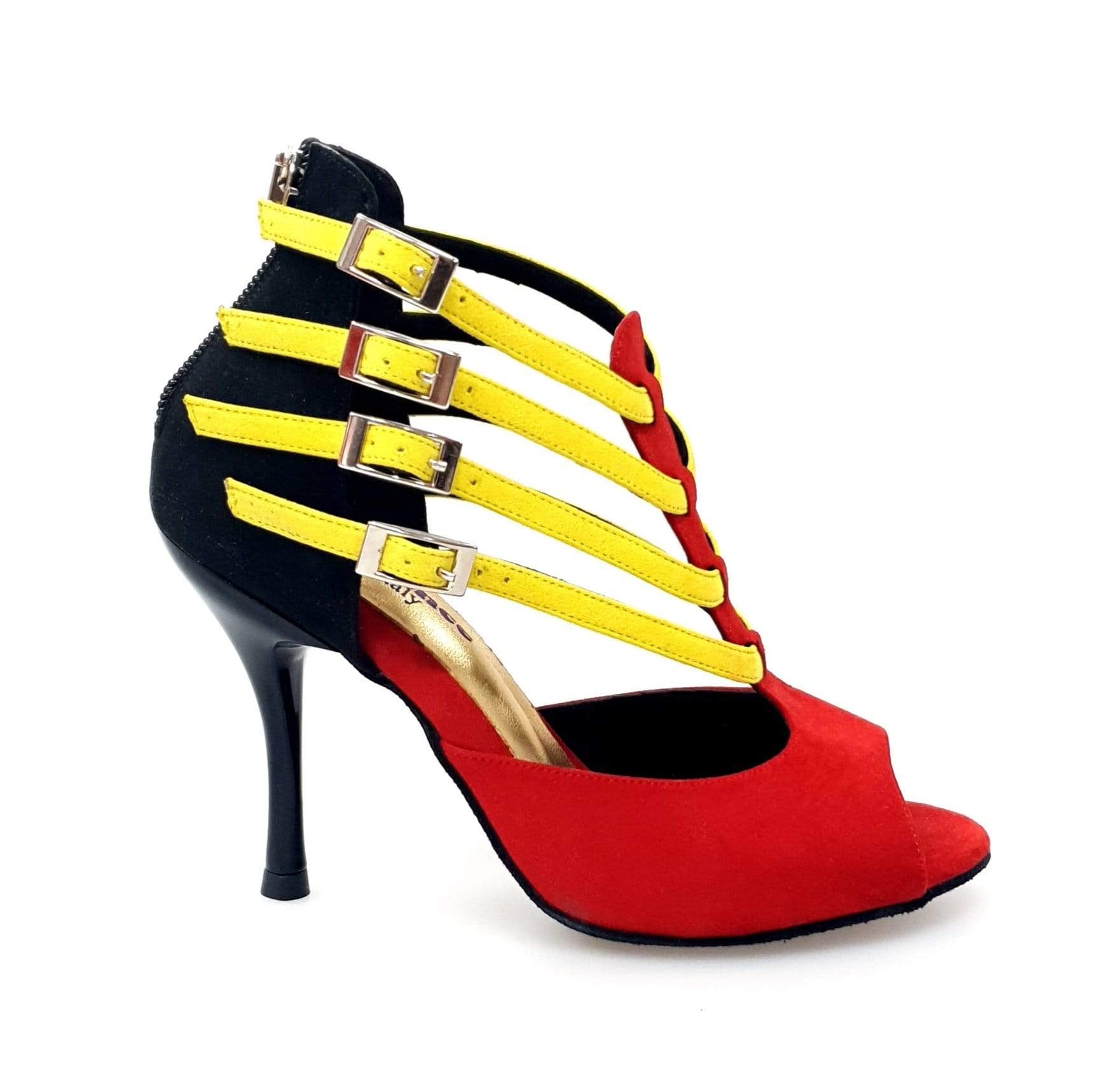 Scarpa da donna Wishdance Lussuria in camoscio rosso e nero con cinturini gialli e tacco slim, dettaglio elegante e colorato