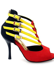 Carica immagine nella Galleria, Lussuria (779) - Scarpa da Donna in Camoscio Rosso e Nero con Cinturini Gialli e Tacco Slim
