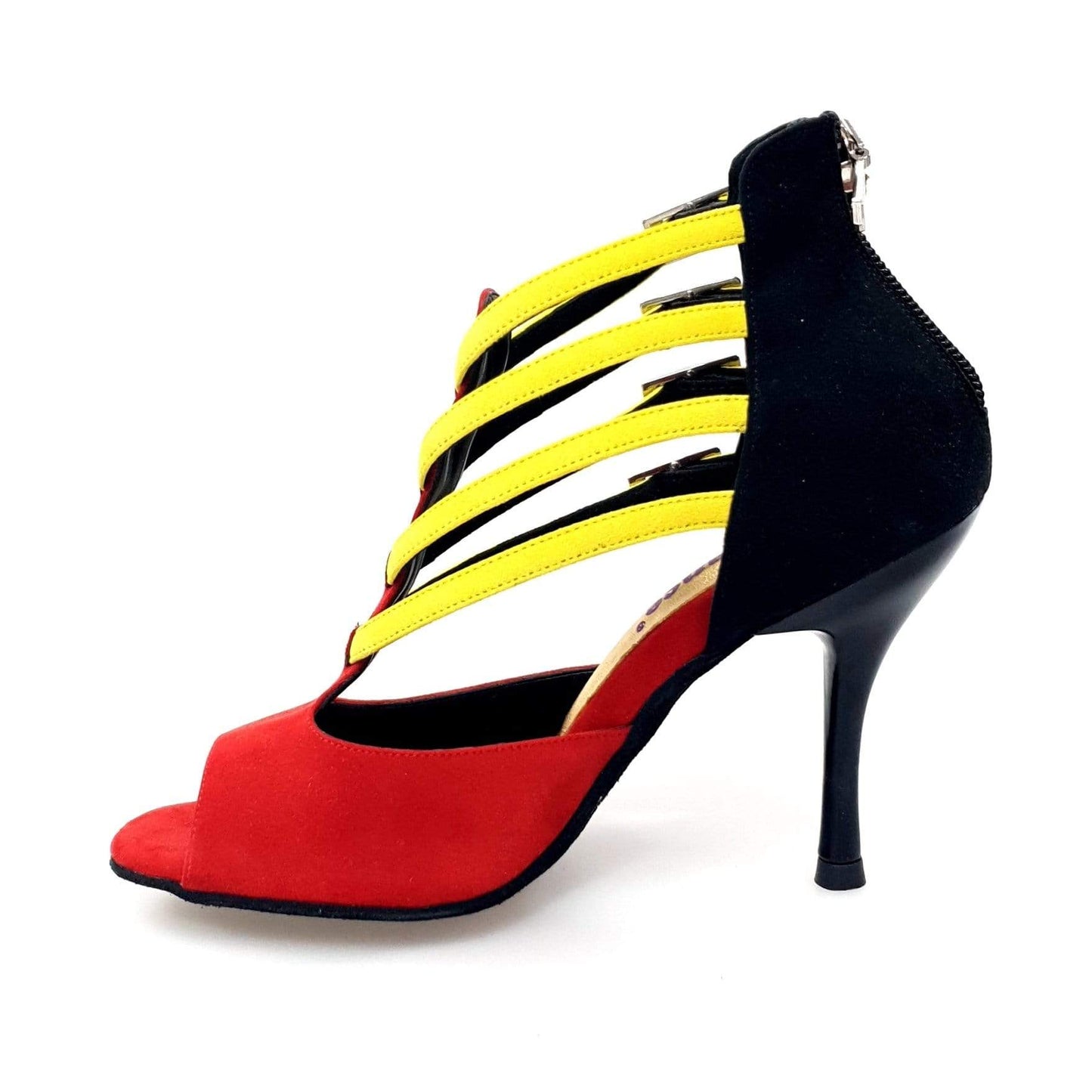 Scarpa da donna Wishdance Lussuria in camoscio rosso e nero con cinturini gialli e tacco slim, elegante e moderna.