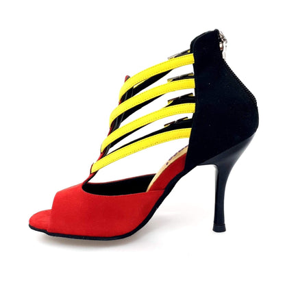 Scarpa da donna Wishdance Lussuria in camoscio rosso e nero con cinturini gialli e tacco slim, elegante e moderna.
