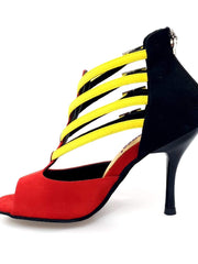 Carica immagine nella Galleria, Lussuria (779) - Scarpa da Donna in Camoscio Rosso e Nero con Cinturini Gialli e Tacco Slim
