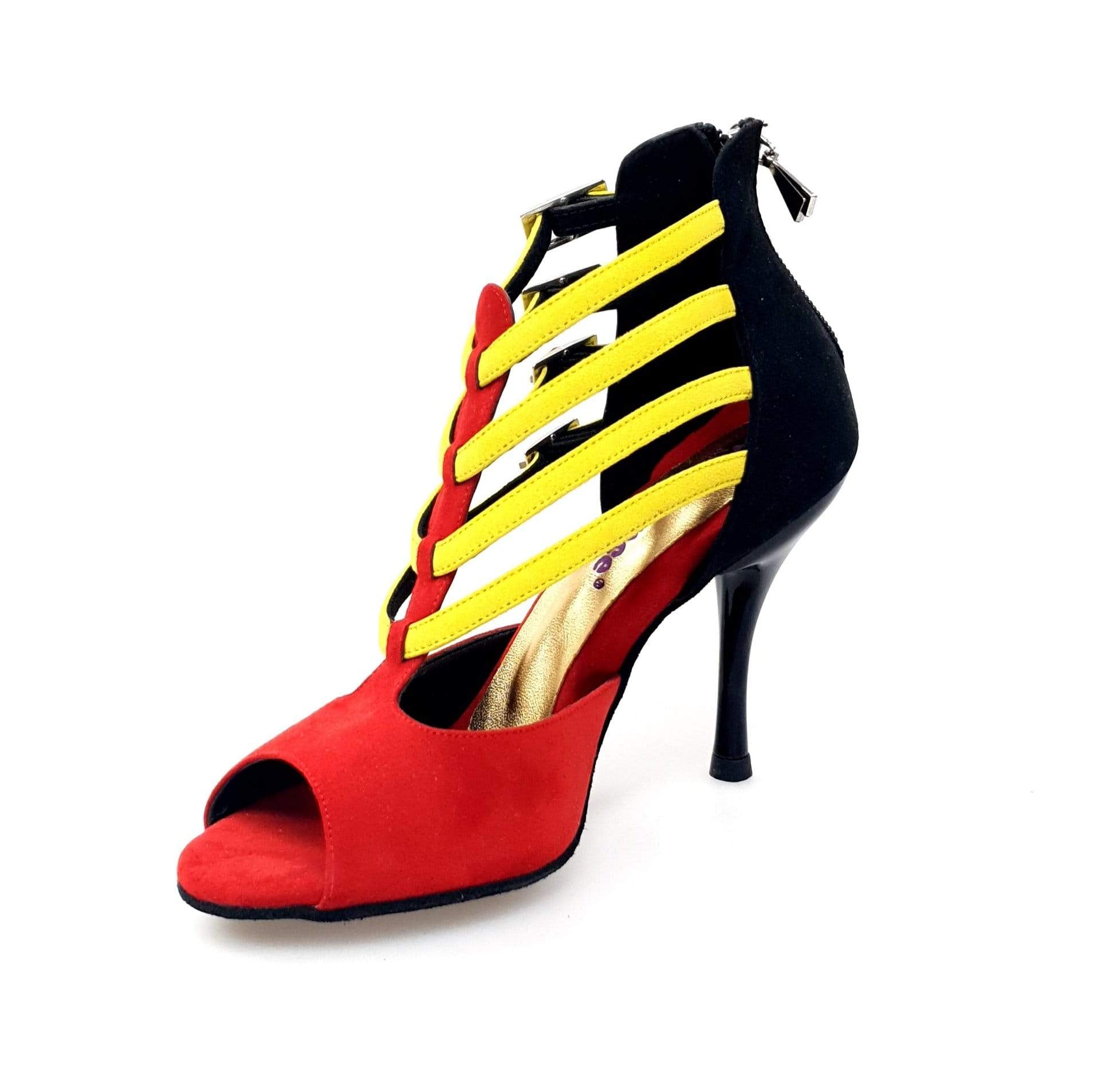 Scarpa donna Wishdance Lussuria in camoscio rosso e nero con cinturini gialli e tacco slim, dettagli eleganti e alla moda