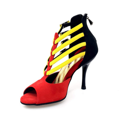 Scarpa donna Wishdance Lussuria in camoscio rosso e nero con cinturini gialli e tacco slim, dettagli eleganti e alla moda