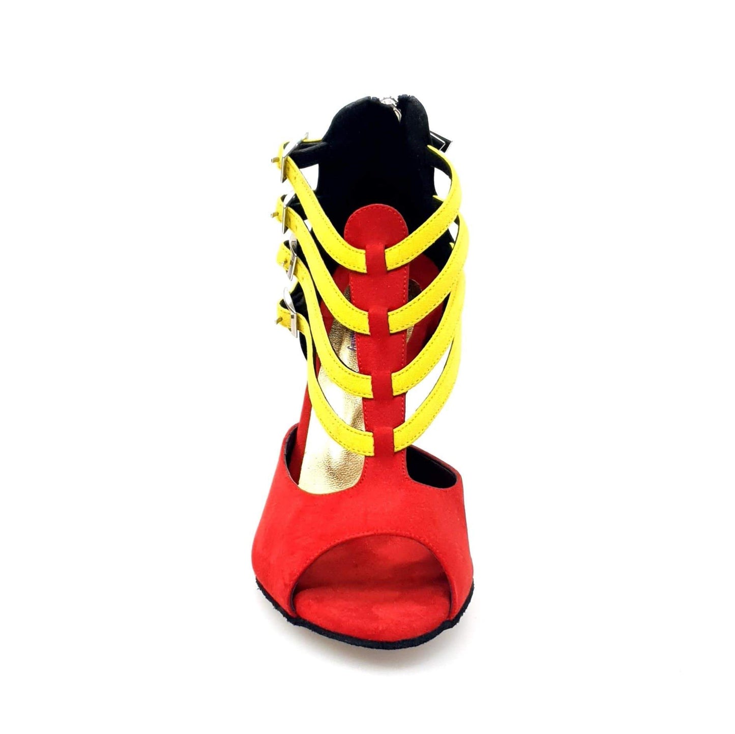 Scarpa da donna Wishdance Lussuria in camoscio rosso e nero con cinturini gialli e tacco slim, elegante e colorata.