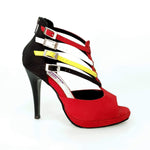 Load image into Gallery viewer, Wishdance Lussuria - Scarpa da Donna in Camoscio Rosso e Nero con Cinturini in stile Samakaka con Tacco a Spillo e Plateau
