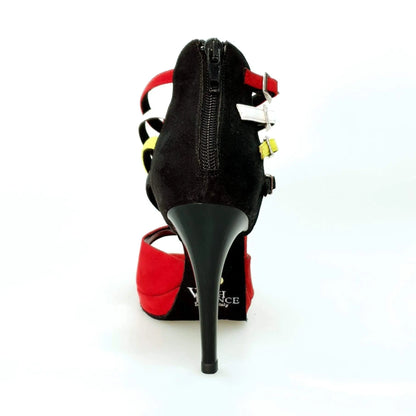Scarpa donna Wishdance Lussuria in camoscio rosso e nero con cinturini stile Samakaka, tacco alto a spillo e plateau flexible.