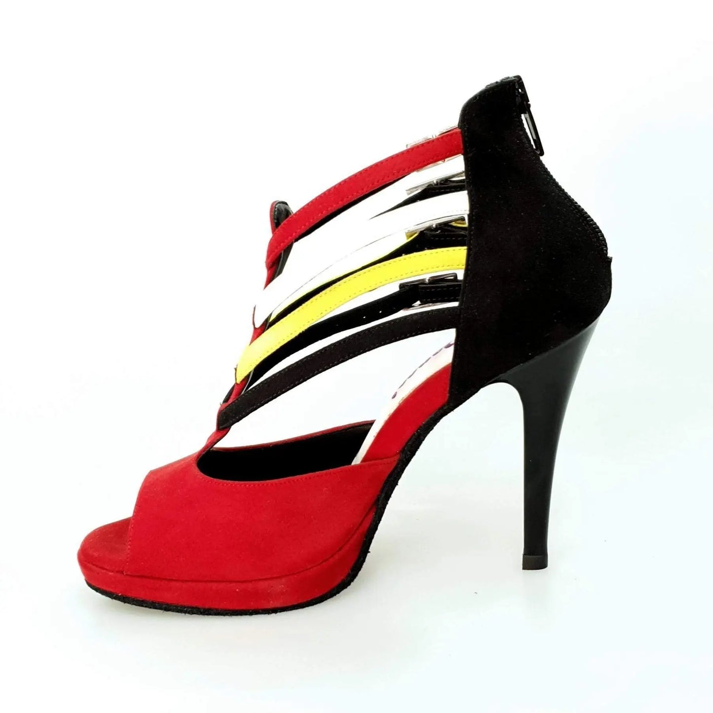 Scarpa da donna Wishdance Lussuria in camoscio rosso e nero con cinturini stile Samakaka, tacco a spillo largo e plateau.