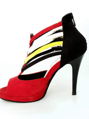 Carica immagine nella Galleria, Wishdance Lussuria - Scarpa da Donna in Camoscio Rosso e Nero con Cinturini in stile Samakaka con Tacco a Spillo e Plateau
