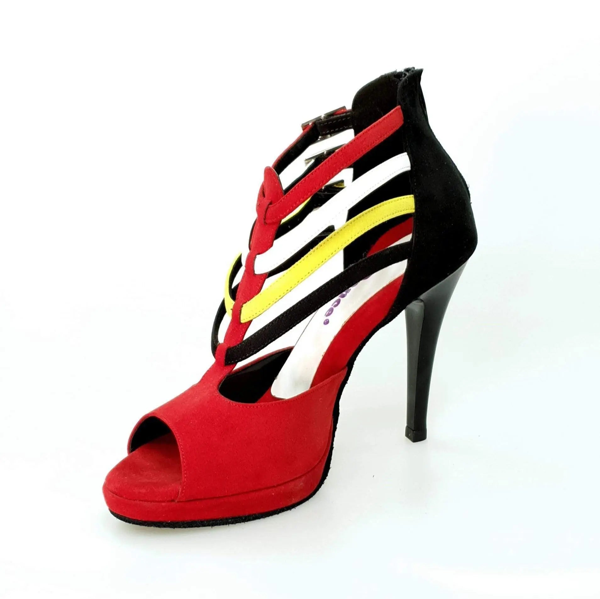 Scarpa donna Wishdance Lussuria in camoscio rosso e nero con cinturini stile Samakaka, tacco a spillo alto e plateau flex.