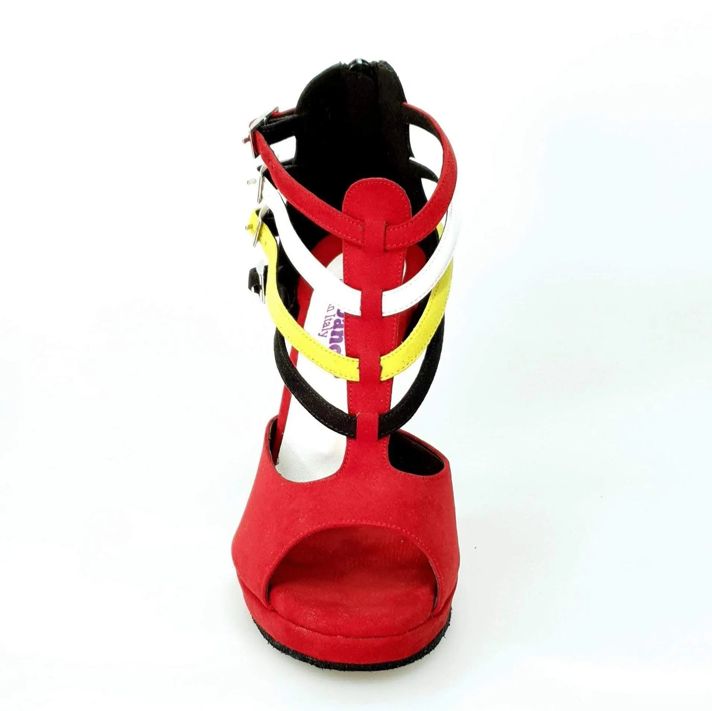 Scarpa da donna Wishdance Lussuria in camoscio rosso e nero con cinturini stile Samakaka, tacco alto a spillo e plateau flessibile.