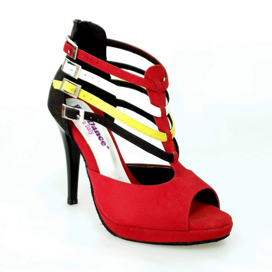Scarpa donna Wishdance Lussuria in camoscio rosso e nero con cinturini stile Samakaka, tacco alto a spillo e plateau.
