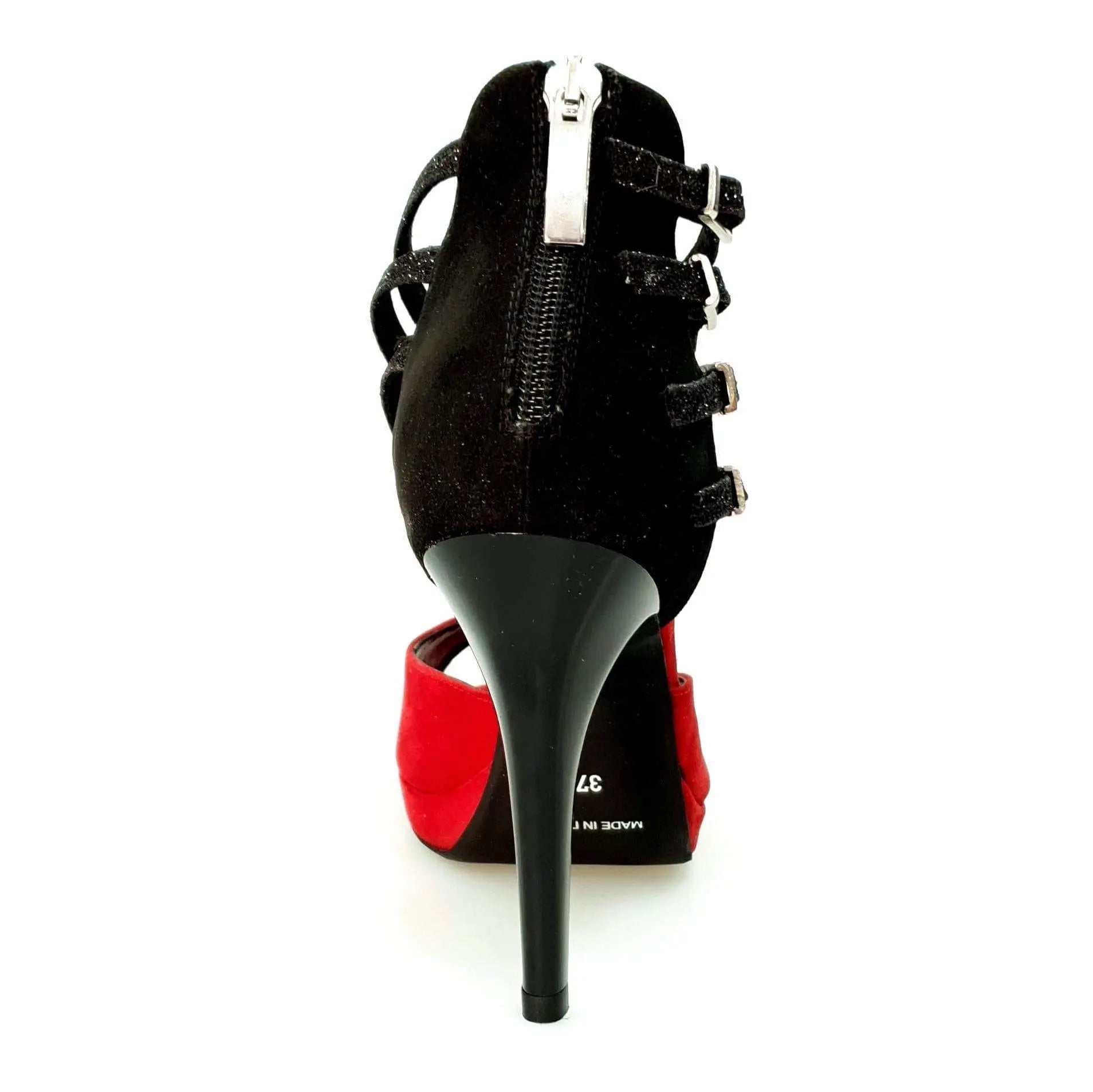 Scarpa donna Wishdance Lussuria in camoscio rosso e nero con cinturini glitter, tacco a spillo e plateau, elegante e alla moda.