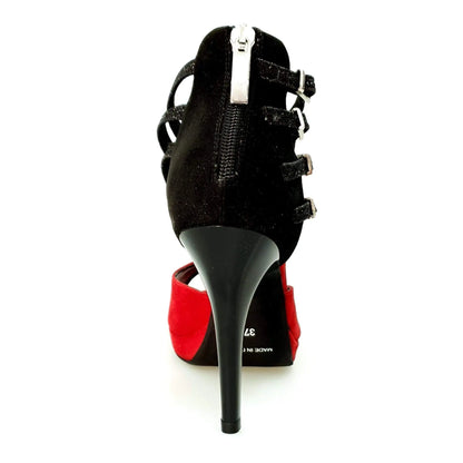 Scarpa donna Wishdance Lussuria in camoscio rosso e nero con cinturini glitter, tacco a spillo e plateau, elegante e alla moda.
