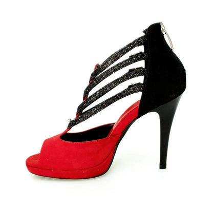 Scarpa donna Wishdance Lussuria in camoscio rosso e nero con cinturini glitter, tacco a spillo e plateau, design elegante e alla moda