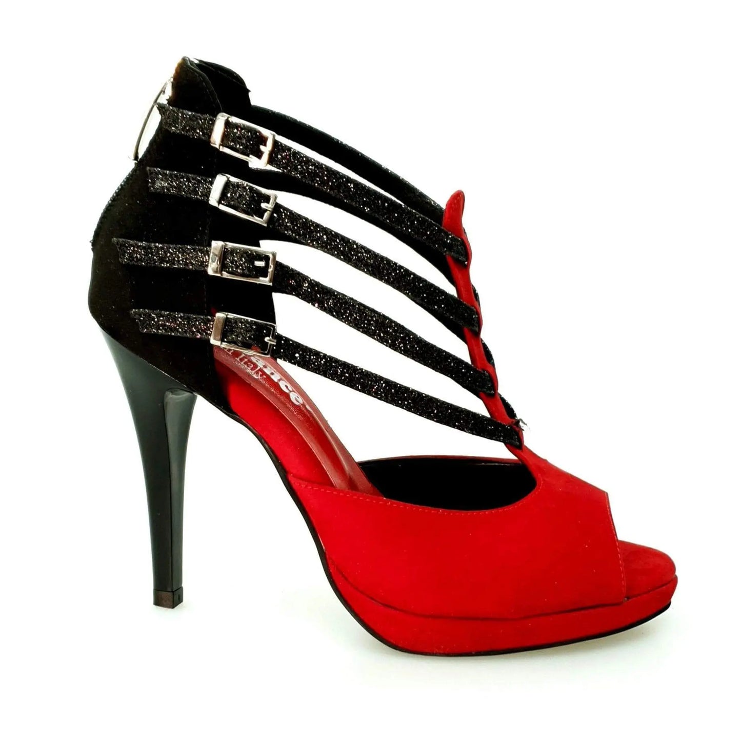 Scarpa da donna Wishdance Lussuria in camoscio rosso e nero con cinturini glitter, tacco a spillo e plateau.